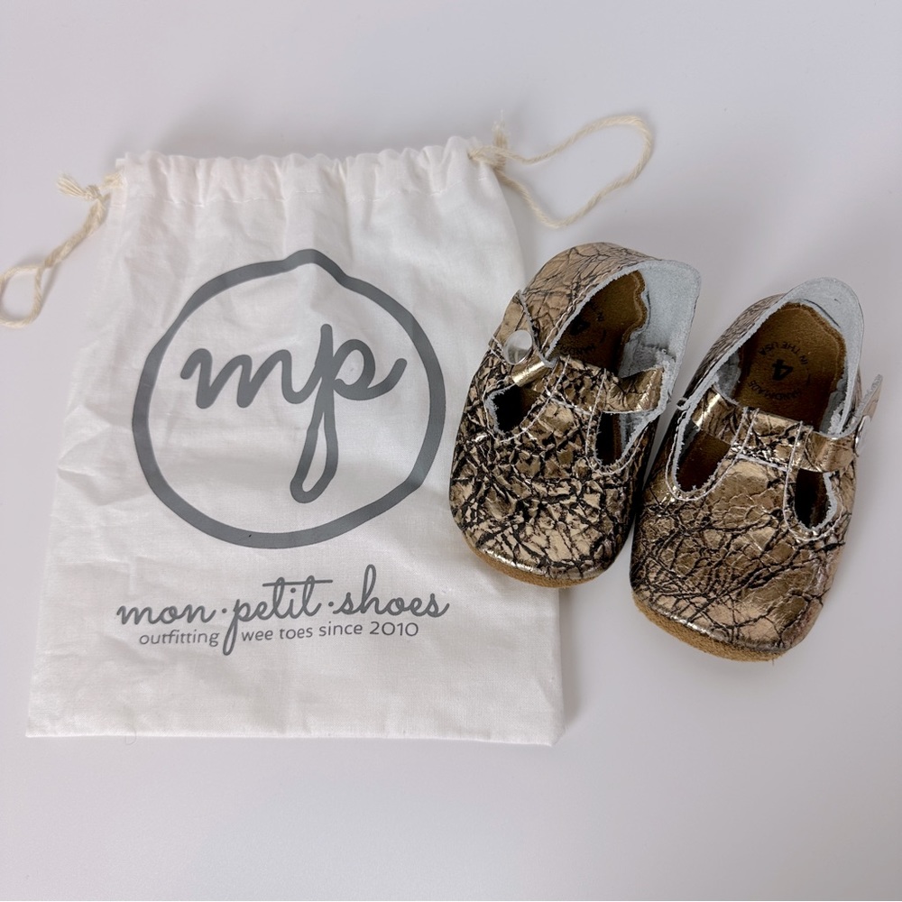 ANTIQUE GOLD Mon Petit Shoes Size 4 MP Soft Sole Toddler‎ T-Straps